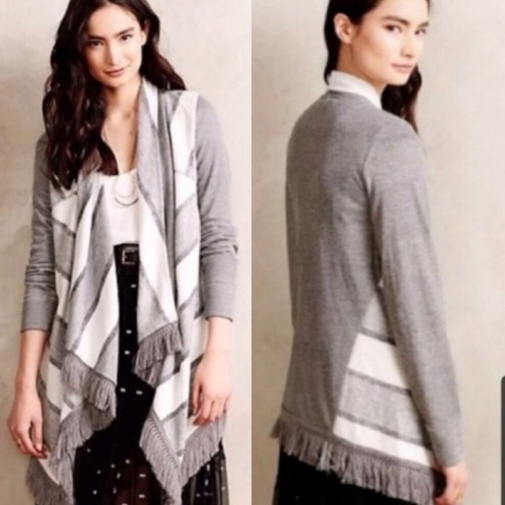 ANTHROPOLOGIE Saturday Sunday Elsie Gray Striped Open Fringe Blanket Cardigan